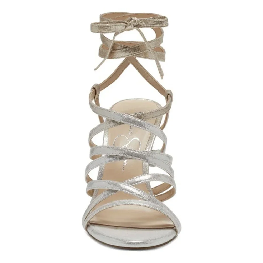 NEW Jessica Simpson Jexilla Champagne Metallic Heel Lace Up Ankle Strap Sandals